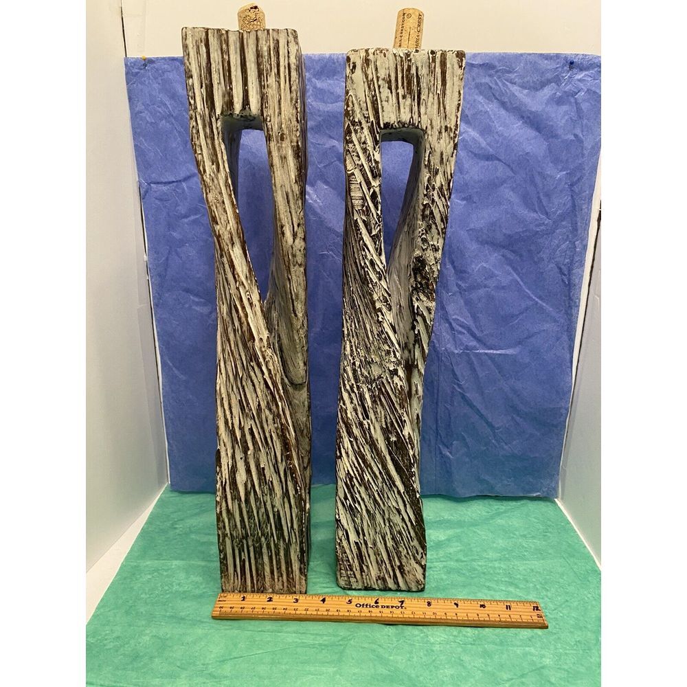 Handcrafted Hand carved wood twisted candleholders Whitewashed Vintage 20" Tall‎